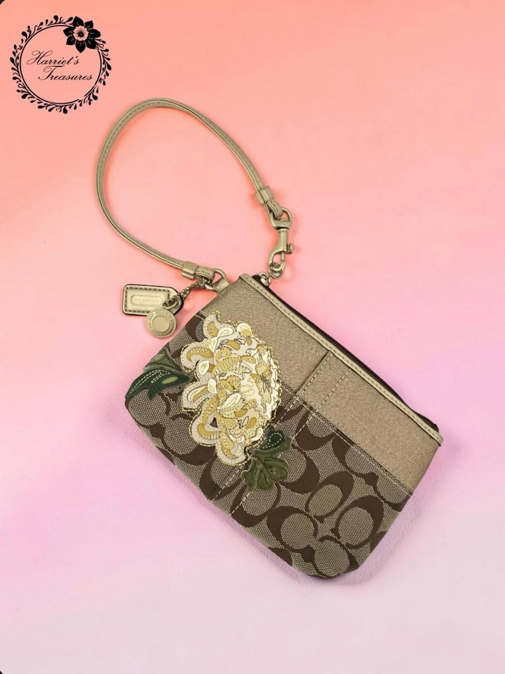 Vintage Coach Brown Signature Floral Appliqué Wristlet with Gold Accents